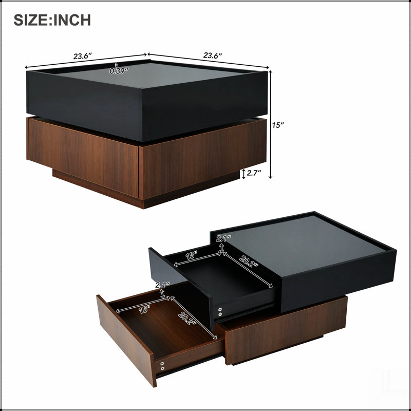 Multi-functional Square 360°Rotating Coffee Table with 2 Drawers, High Gloss 2-Tier Centre Table