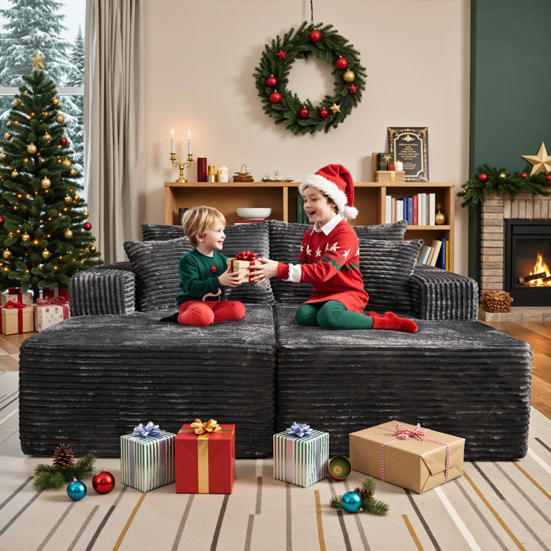 No Assembly Required Compression Packed 2-Piece Cloud Modular Corduroy Boneless Sectional Sofa, Gray Polyester