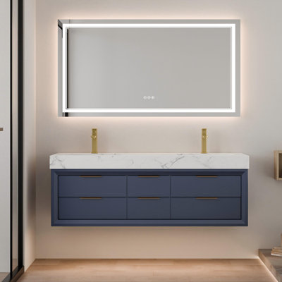 60"  Blue Modern Floating Double Vanity With Engineered Stone Top & LED Light & 6 Soft-Close Drawers