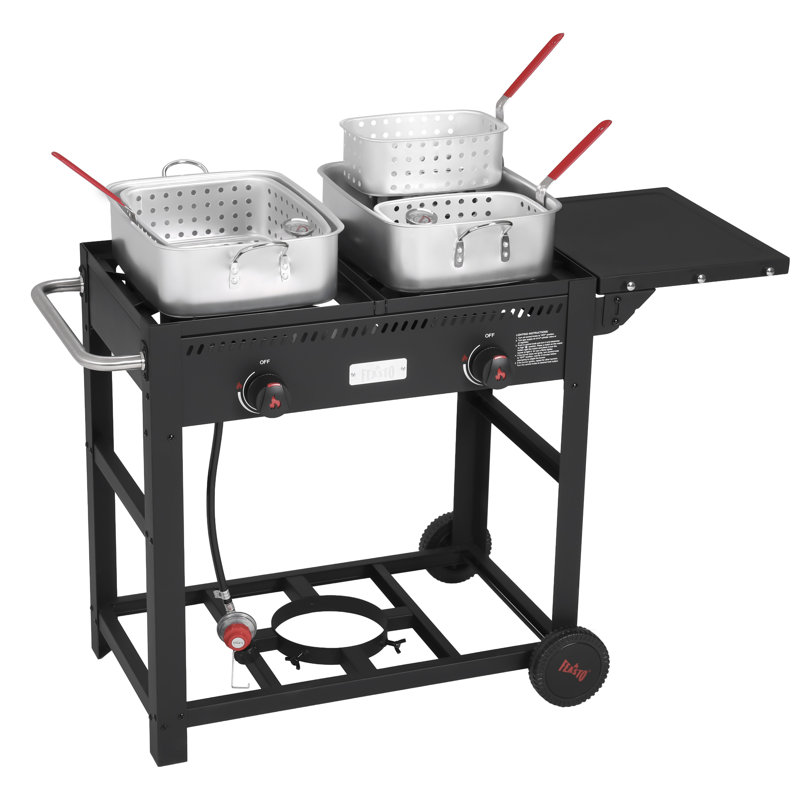  Friteuse d'extérieur au propane avec chariot mobile FEASTO, réchaud indépendant à 2 brûleurs avec 100 000 BTU, 2 pots en aluminium de 18 pte, friteuse pour poisson, frites et poulet, certifié CSA