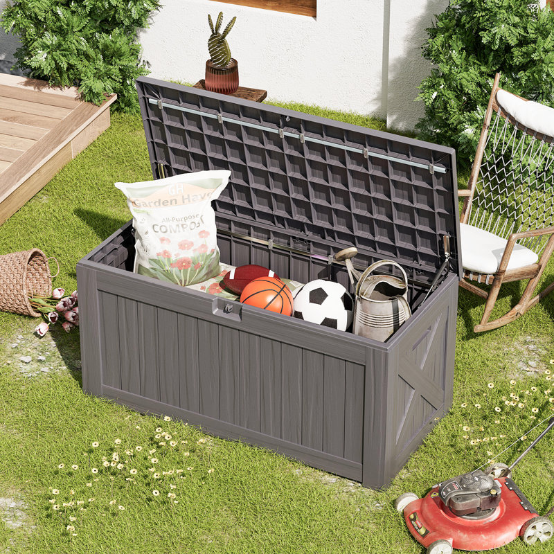 Boîte de rangement en plastique verrouillable pour terrasse Furmax 120 gallons, Gris