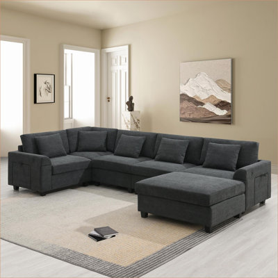 Canapés modulaires | Canapé 6 places en U avec repose-pieds, rangement caché, ports USB, pour le salon | Chenille | Noir