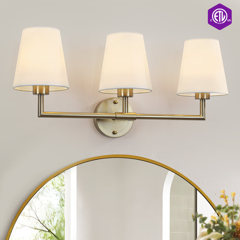 3 - Lights Brass Armed Wall Sconce With Linen Lamp Shades For Bathroom Vanity Hallway Stairway Living Room, Brass, 3