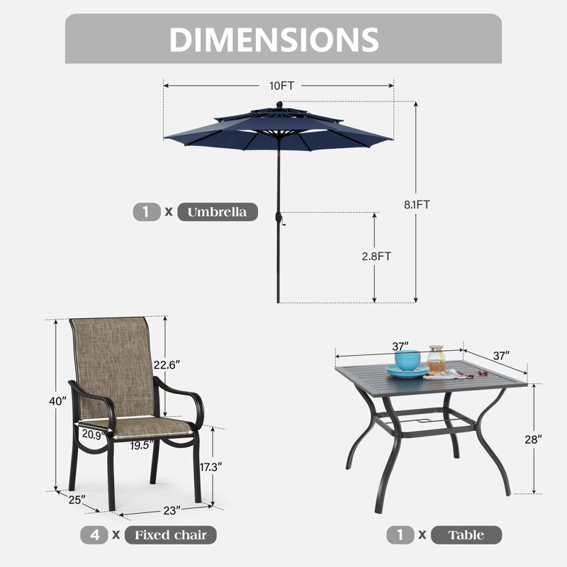 Ensemble de table de salle à manger d'extérieur 4 places avec parasol 4 places, Marine, Yes