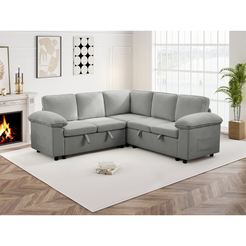 Canapé-lit modulaire en L à 5 places 84,6 po Waldorf avec lit escamotable et rangement, Light Grey