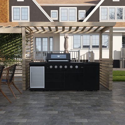 Îlot de cuisine 46 pouces à 4 brûleurs et 72 000 BTU de luxe en acier inoxydable (avec propane) pour îlot de cuisine extérieur + réfrigérateur à vin compact + ensemble de rôtisserie + comptoirs en granite + évier et robinet en acier inoxydable