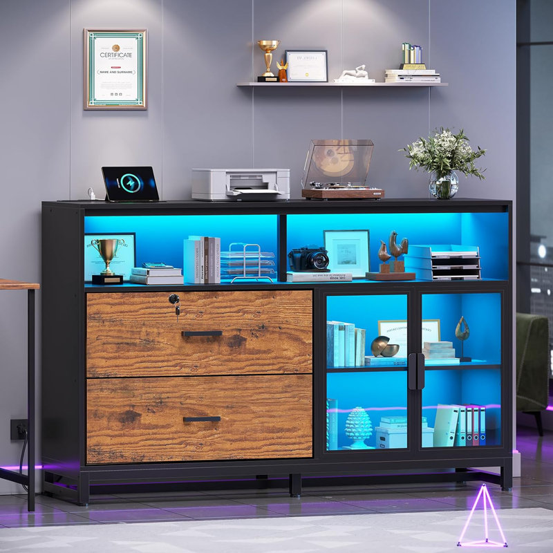 Mandip 59" File Cabinet, 2 Drawers Filing Cabinets Printer Stand With Storage & Led Lights, Brown/Black