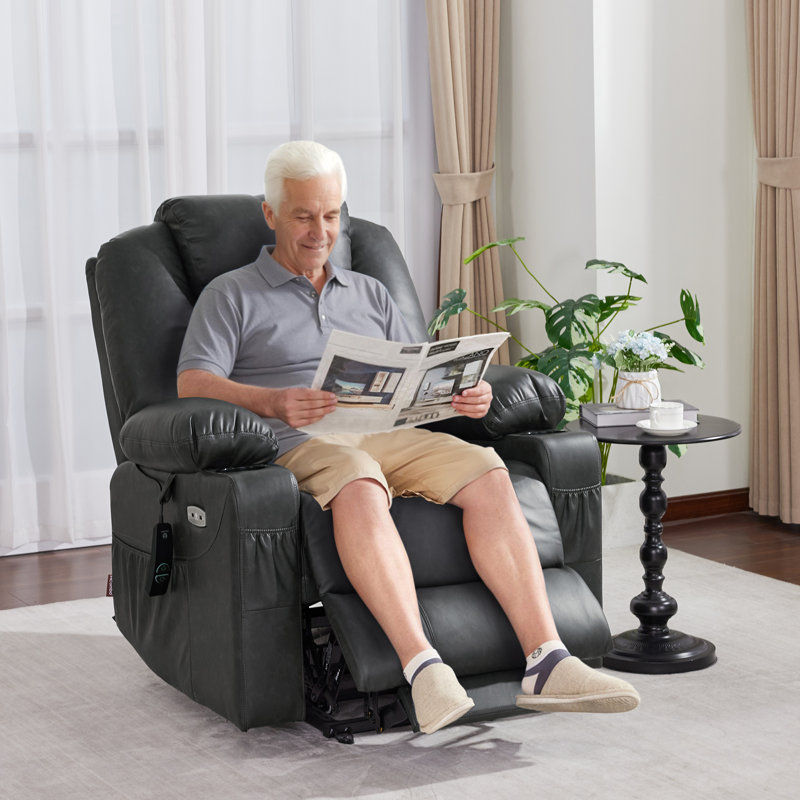 Courtois Medium Power Recliner Lift Chair with Massage and Heat, Faux Leather, Gray