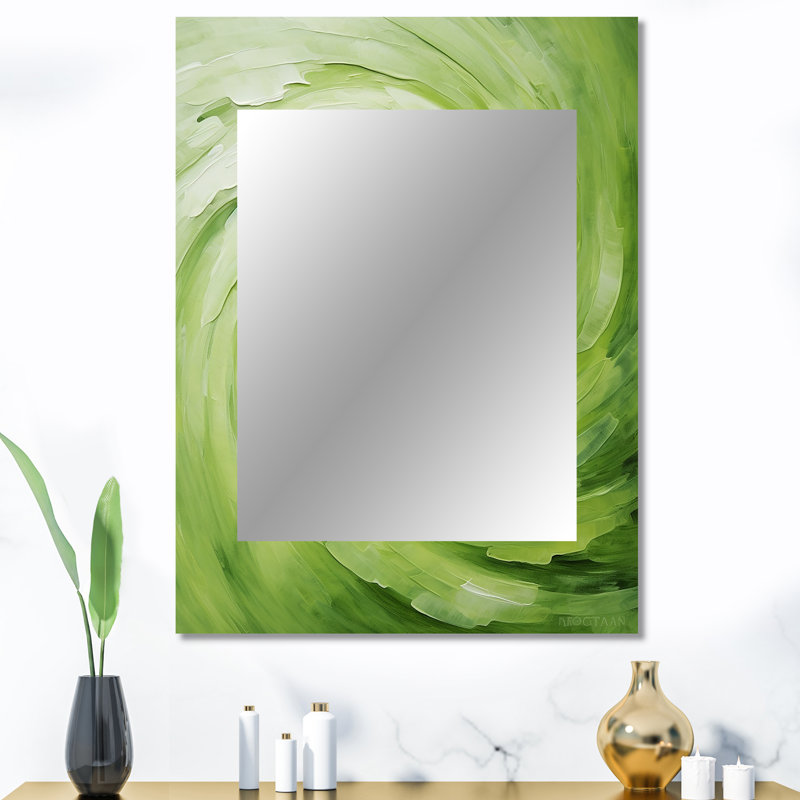 «Green Serene Spiral Dreams II», miroir mural décoratif à spirales abstraites, grand miroir vert, impression sur métal