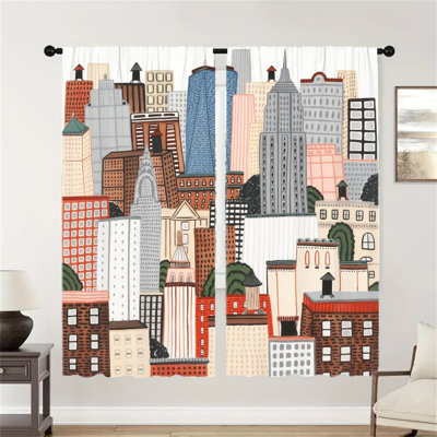 2Pcs Abstract Cityscape Print Curtain, Modern Art Building Pattern Window Drapes For living room bedroom Kitchen Dining Office Rod Pocket,  Light Filtering Decor Treatment, Privacy Curtains