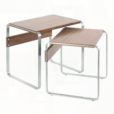 Tea Side Mid-Century Modern Nesting Tables in Stainless Steel and Walnut