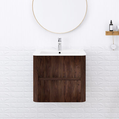 24" Bathroom Vanity With Sink, Wall-Mounted Floating Plywood Bathroom Storage Cabinet With 2 Drawers, White Ceramic Basin, NO Faucet, Pre-Assembled, Retro Walnut Woodgrain Color