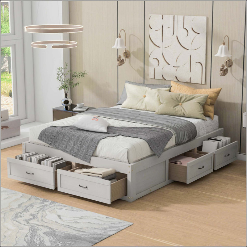 Lit plateforme avec 6 tiroirs de rangement, Grand lit, Gris antique