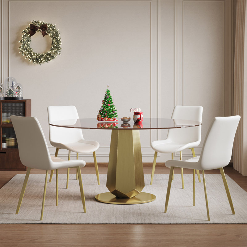 Table de salle à manger ronde de 53 pouces de luxe avec plateau en verre fumé, table de cuisine moderne pour 4 à 8 personnes, base en acier inoxydable doré et assemblage facile, table de petit-déjeuner peu encombrante pour les appartements