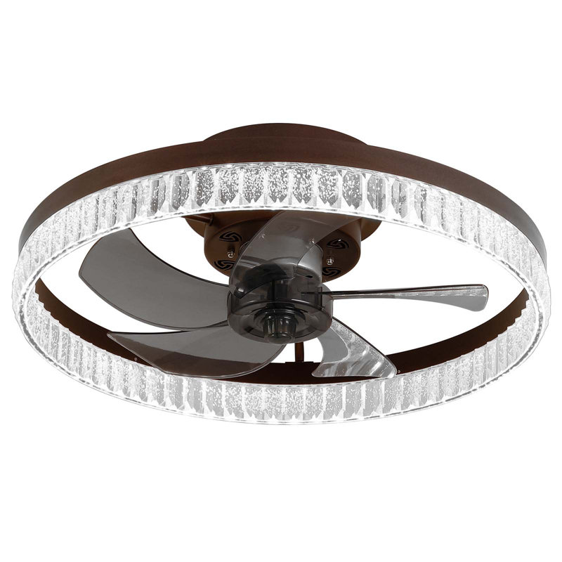20" Low Profile Ceiling Fan With Light & Remote, Dimmable Led, 6-Speed, Timing Reversible Blades, Crystal Ring Design