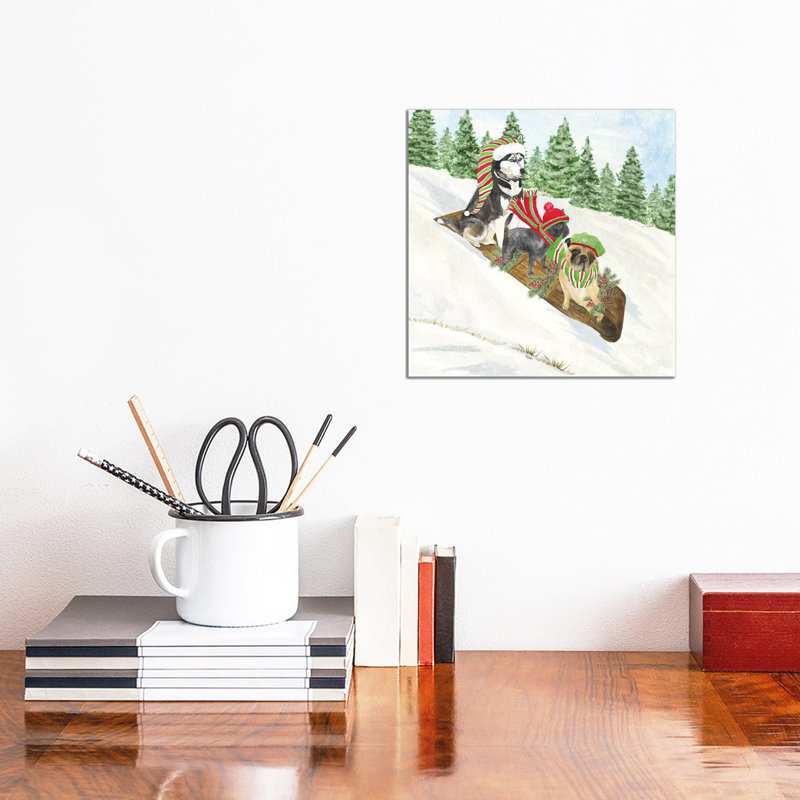 Dog Days Of Christmas III - Sledding by Tara Reed - Wrapped Canvas Painting, 30.48 cm H x 30.48 cm W