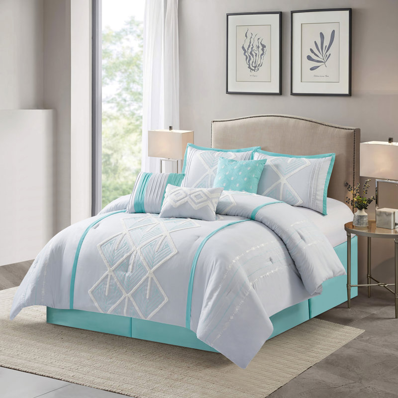 Vernice 7 Piece Geometric Comforter Set, King Comforter + 6 Additional Pieces, Blue