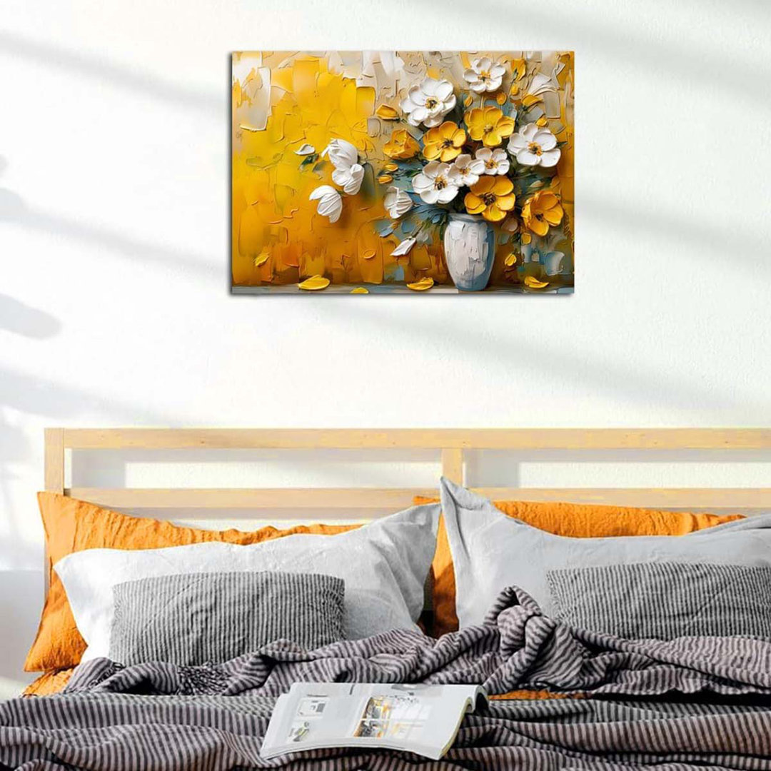 40*30,Floral Wall Art Framed Yellow And White Flower Painting Posters Abstract Flowers Canvas Prints Wildflower.
