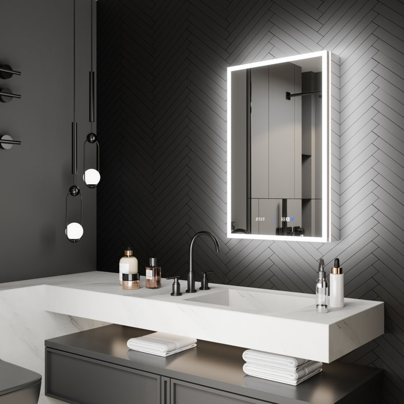 20'' W 32'' H LED Recessed or Surface Frameless Medicine Cabinet with Mirror and Defogger, Magnifying Mirror, Adjustable Shelves, USB & Outlet