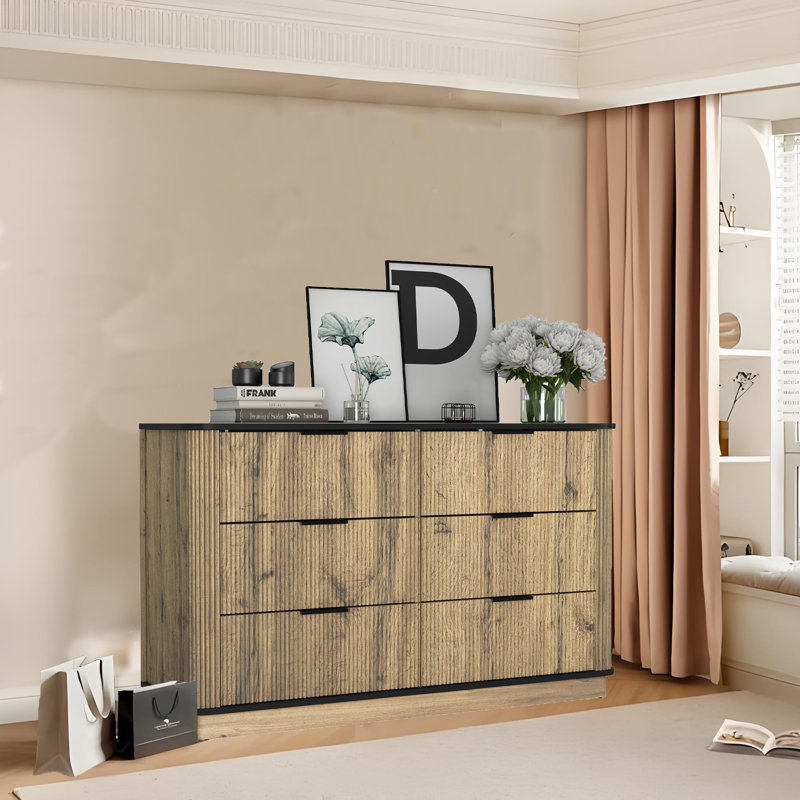 Commode cannelée pour chambre à coucher avec 6 tiroirs, commode en bois naturel 47,24 po, commode double Boho