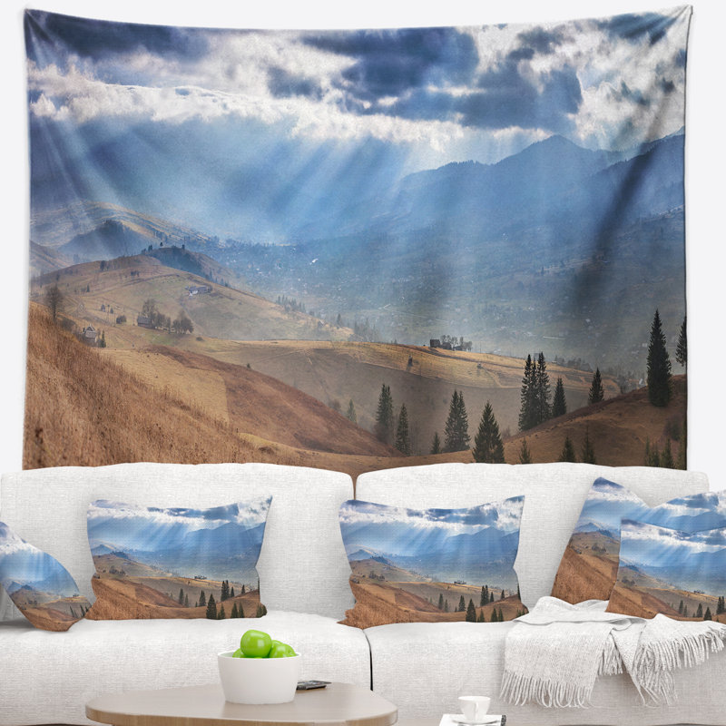 Tapisserie paysage mountain village view, H 50 po x l 60 po