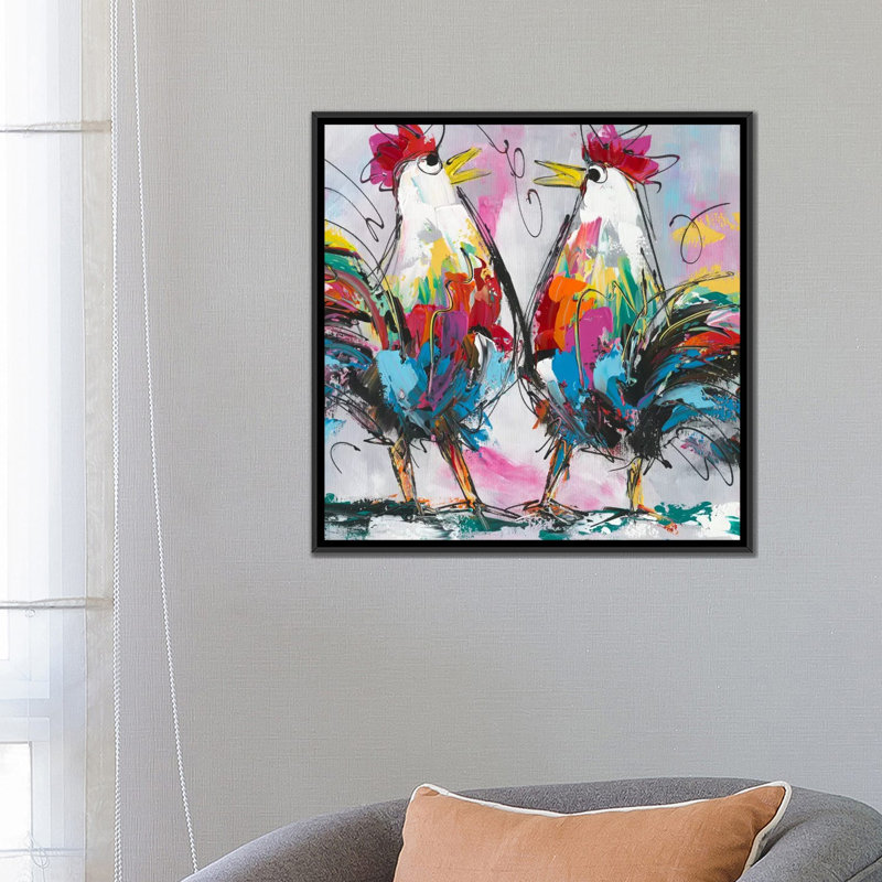 Reproduction d'art graphique sur toile tendue, "Let's parle de poulet" par Art Fiore, Toile avec cadre noir, Pas de tapis