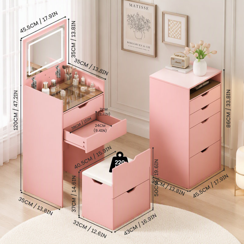Ensemble coiffeuse 3 en 1 avec miroir rabattable et tabouret de rangement dissimulé