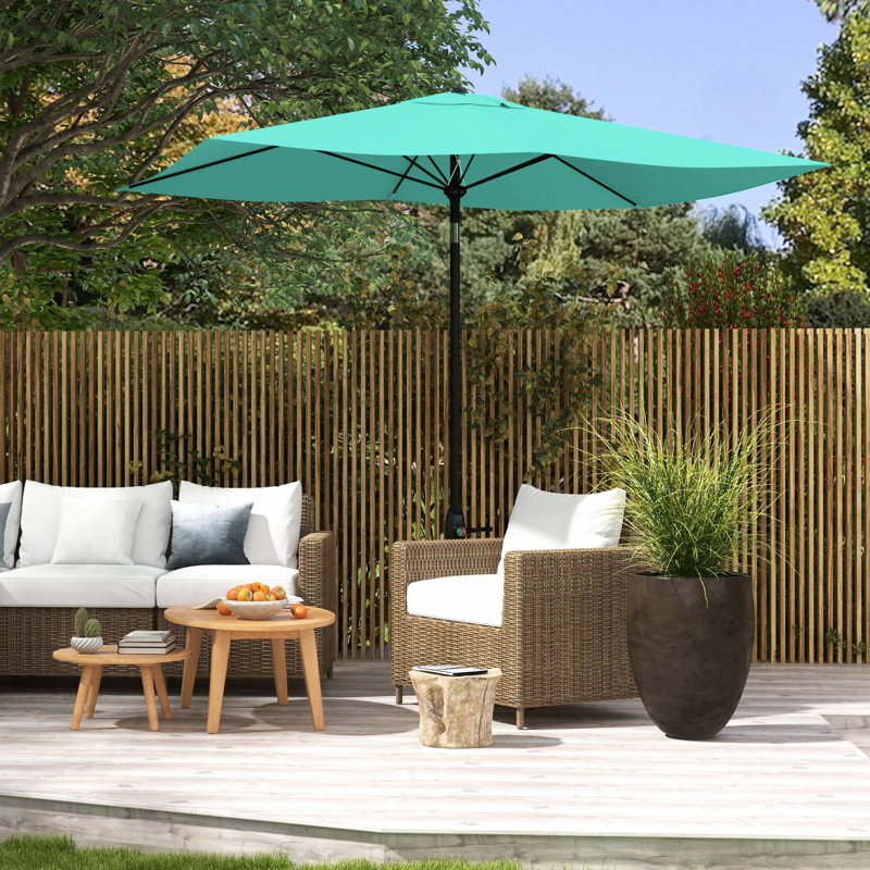 Parasol de patio 6,5 pi x 10 pi, couche de revêtement de protection, manivelle facile et inclinaison flexible, parasol rectangulaire de 10 pi sarcelle, protection et inclinaison simple