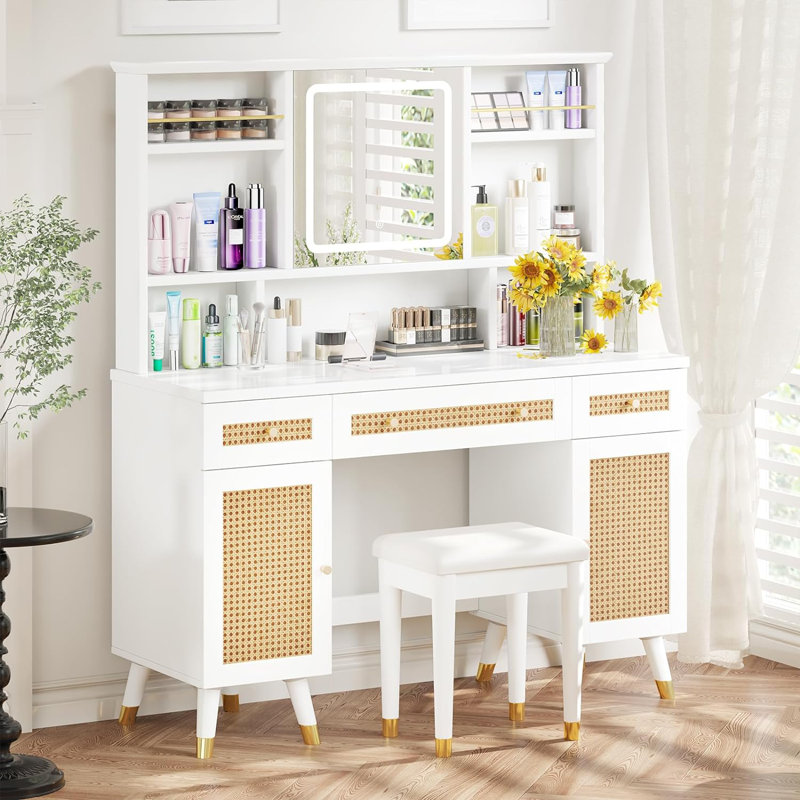 Frohna Rattan Door Makeup Vanity Desk with Mirror & Lights, 47'' Modern Boho Vanity Table with Stool, White