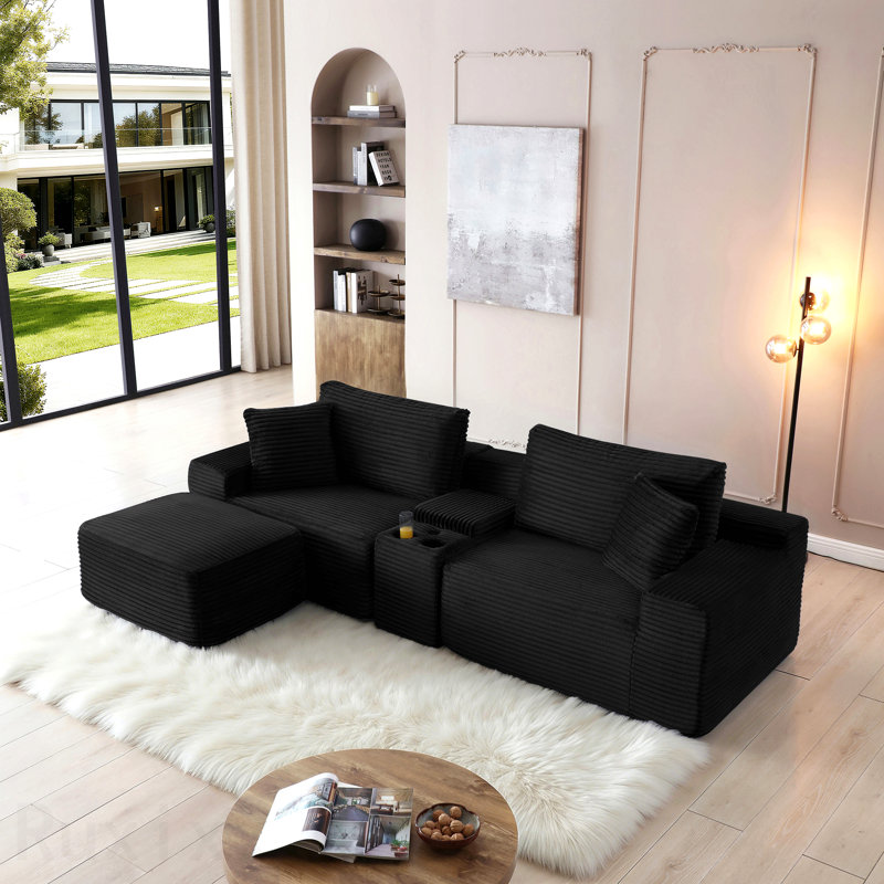 Canapé modulaire modulaire, canapé en nuage de velours côtelé à siège profond avec porte-gobelets, ports USB et boîte de rangement, canapé-lit, canapé sans dossier avec repose-pieds mobile pour le salon, aucun assemblage requis, noir