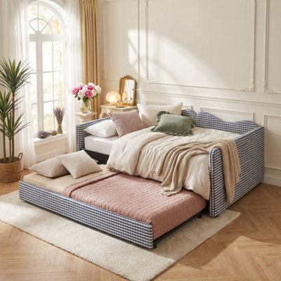 Full-Size Daybed with Pull-Out Trundle, Gingham Upholstered Sofa Bed with Side Storage Pocket, Solid Wood Frame, 3-in-1 Multi-Functional Daybed for Room, Guest Bedroom