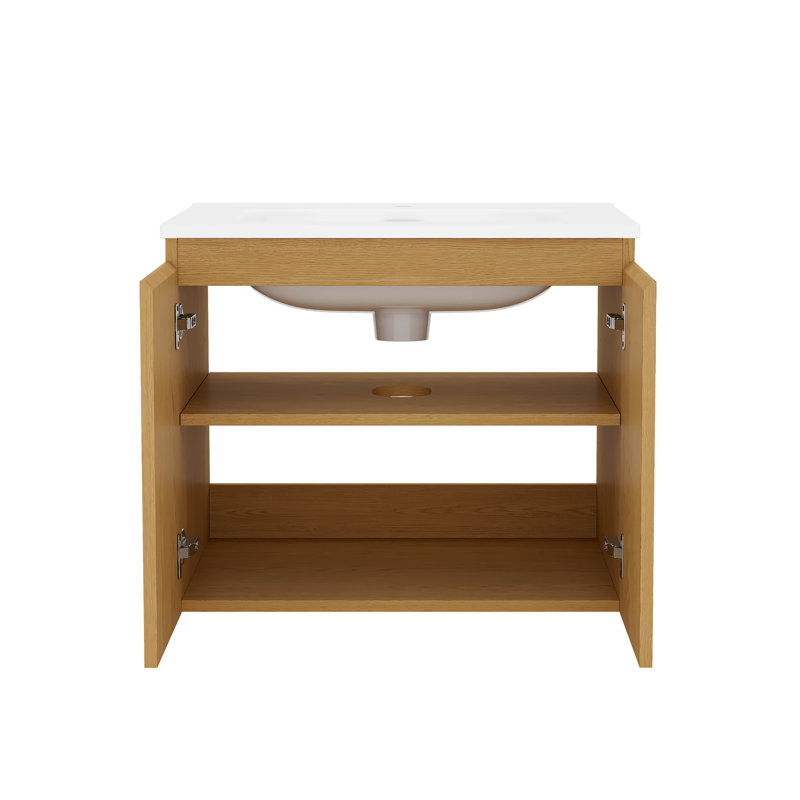 Meuble-lavabo flottant mural 30 po avec lavabo en céramique, noyer naturel, bois massif, 30", Noyer naturel