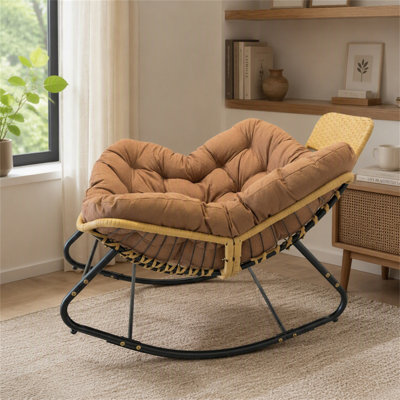 Fauteuil à bascule Papasan d'extérieur de 100 cm (39,37 po), fauteuil œuf surdimensionné pour patio avec coussin épais et oreiller de tête en rotin tressé à la main, lit à bascule intérieur en osier pour balcon, véranda, jardin