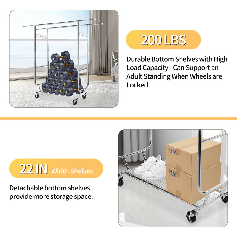 Heavy Duty Silver Metal Rolling Clothes Rack with Shelves