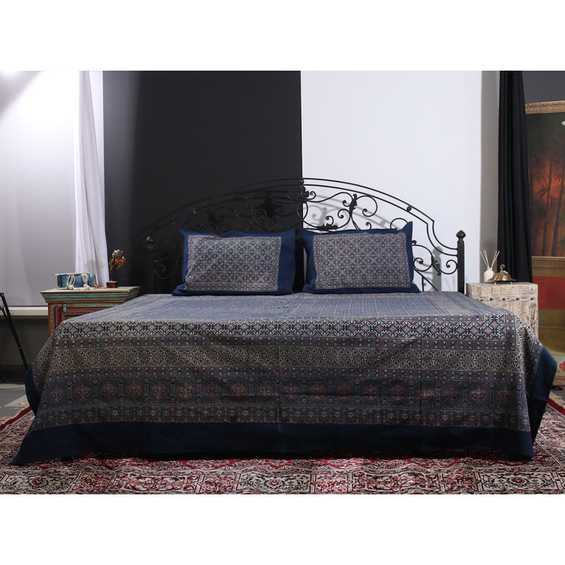 Multicolor Ajrakh Handblock Print Cotton Queen Bedsheet Set – 96" x 104", 2 Pillow Covers, Breathable Artisan Bedding