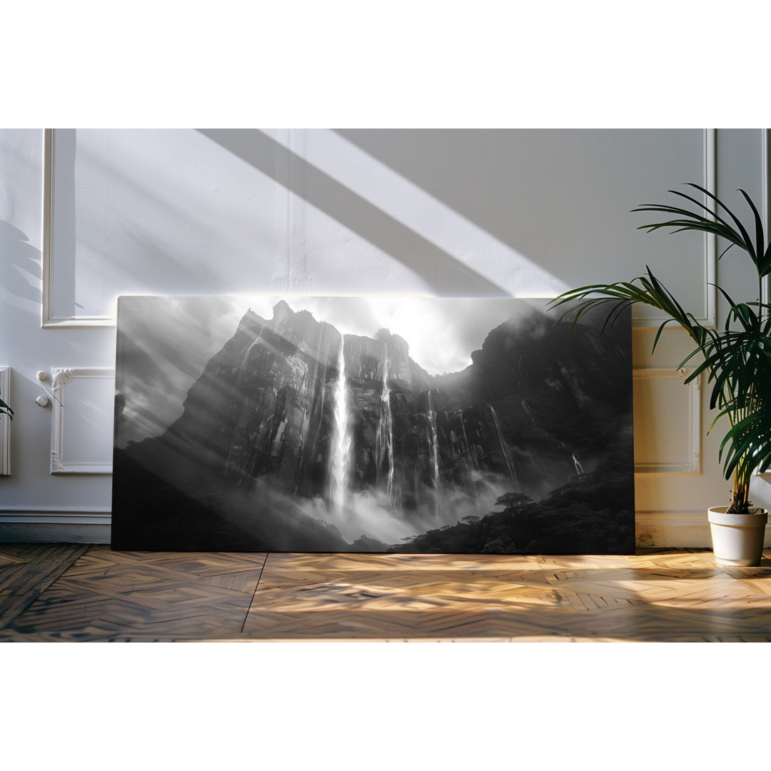 Gerahmtes Bild auf Leinwand 120x60cm Felsen Klippen Berge Wasserfall Natur Schwarz Weiß