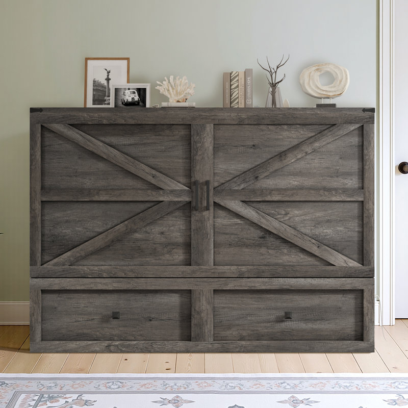 Grand lit escamotable Farmhouse avec station de charge et matelas pliable inclus, gris rustique, Grand, Rustic Grey