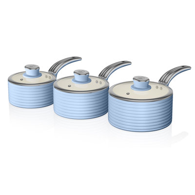 Swan Retro Induction Saucepan Set With Glass Lids, Non Stick Ceramic Coating, Easy to Clean, 3 Piece, 16/18/20 cm