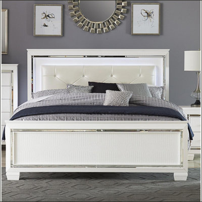 Grand lit en bois avec tête de lit capitonnée à DEL et amp; Panneaux en faux alligator - finition blanche