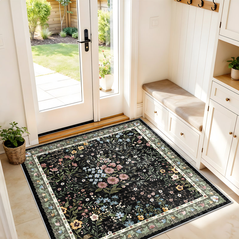 Tapis floral Eden Mughal, Noir, Carré : 4 pi