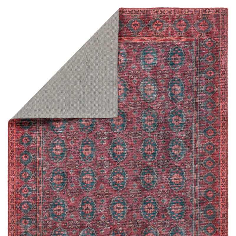Kalinar Dark Red and Blue Synthetic Washable 4' x 6' Rug