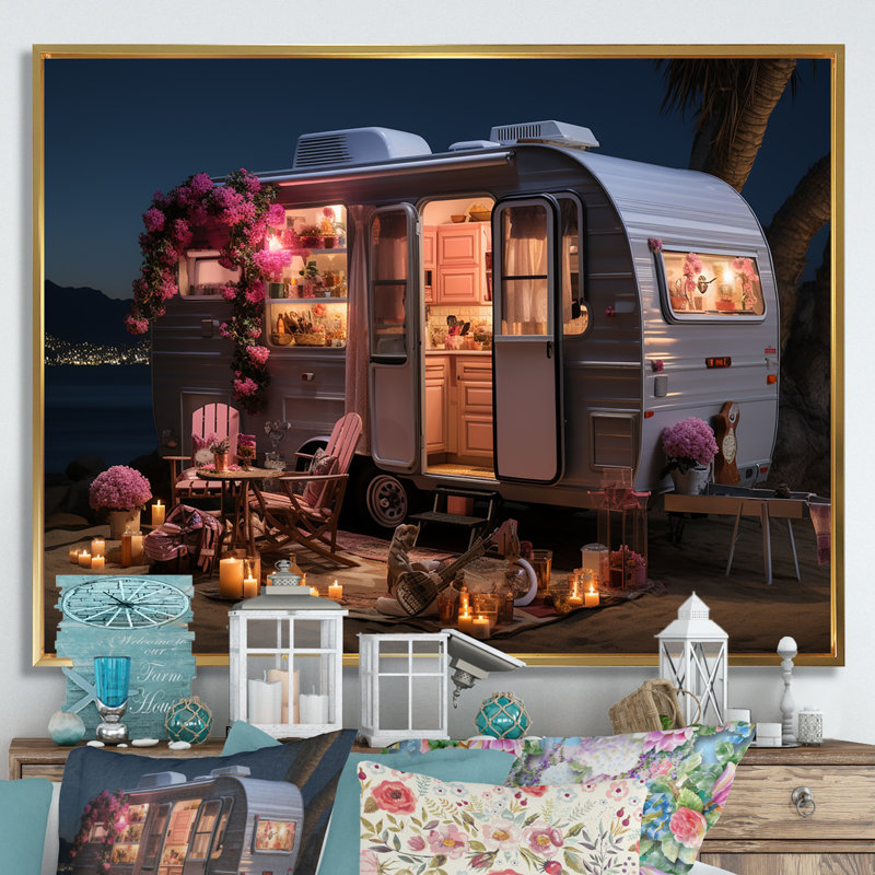 Pink Camping Van Desert Getaway II - Camping Travel Wall Art, 34" H x 44" W x 1.5" D, Gold Floater Framed
