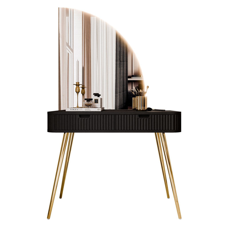 -QS dressing table with LED mirror, Black/Gold