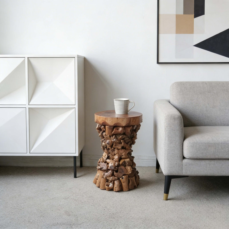 11.8" Brown Mulberry & Paulownia Wood Accent Table, Organic Tree Root Base Side Table For Living Room