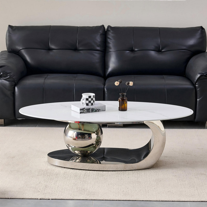 Table basse 51,20 pouces ovale en faux marbre pour le salon, design moderne, base en acier inoxydable à motif de marbre blanc.
