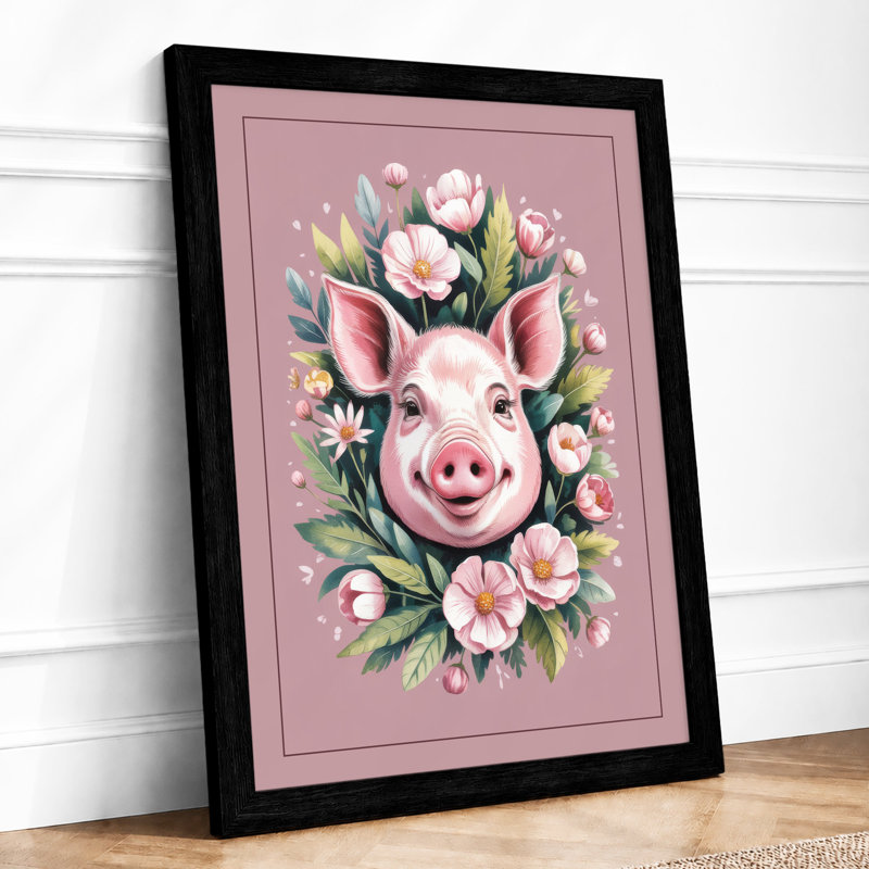 Floral Pig Portrait Boho 1 Piece Single Picture Frame Wall Art, A4 - 29.7 x 21.0 cm, Black