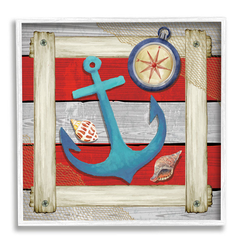 «Marine Anchor Compass Stripes» par ND Art - cadre flottant, impression sur bois, H 17 po x l 17 po x P 1,5 po