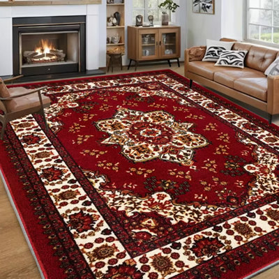 Bohemian Persian-Inspired Floral Area Rug with Non-Slip Rubber Backing, Washable Tufted Polypropylene Indoor Rug