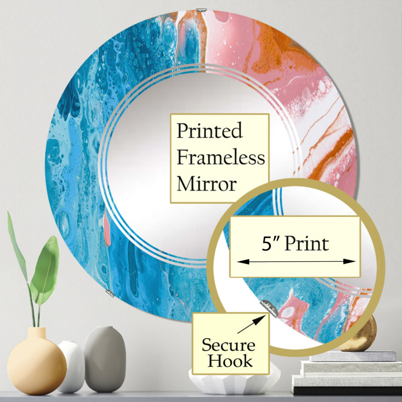 Turquoise et marbre rose vagues I - miroir mural moderne, 24 po x 24 po