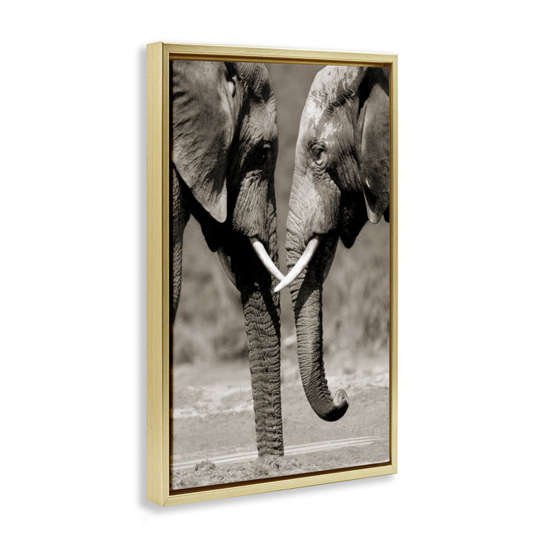 Paire d'éléphants réconfortants, H 31 po x l 21 po, Cadre flottant métallique doré